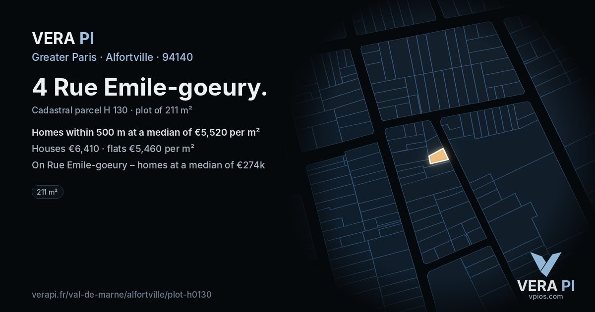 4 Rue Emile-goeury, Alfortville at night – the plot lit, the parcels around coloured by the prices near them