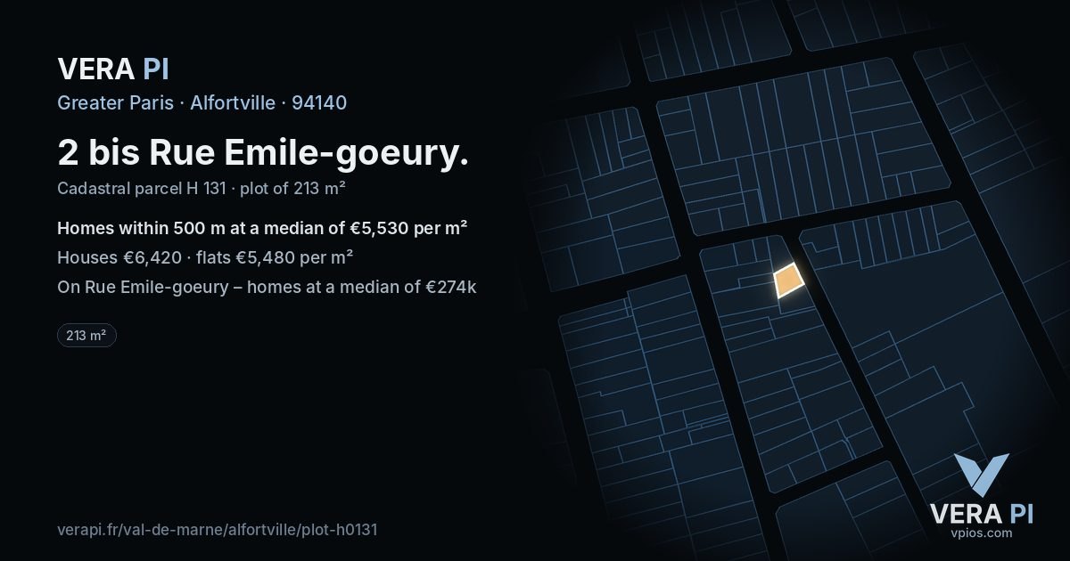 2 bis Rue Emile-goeury, Alfortville at night – the plot lit, the parcels around coloured by the prices near them
