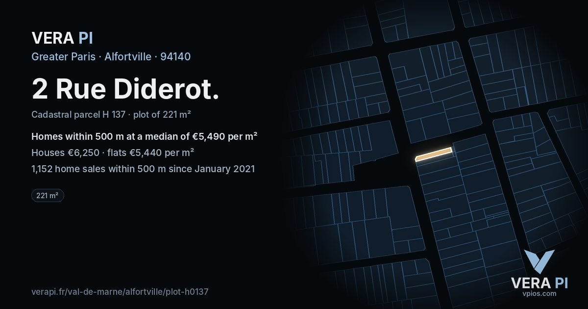 2 Rue Diderot, Alfortville at night – the plot lit, the parcels around coloured by the prices near them