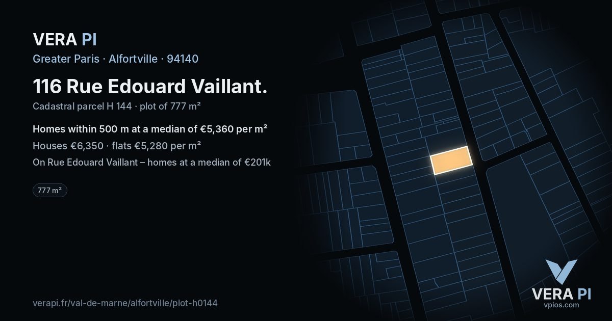 116 Rue Edouard Vaillant, Alfortville at night – the plot lit, the parcels around coloured by the prices near them
