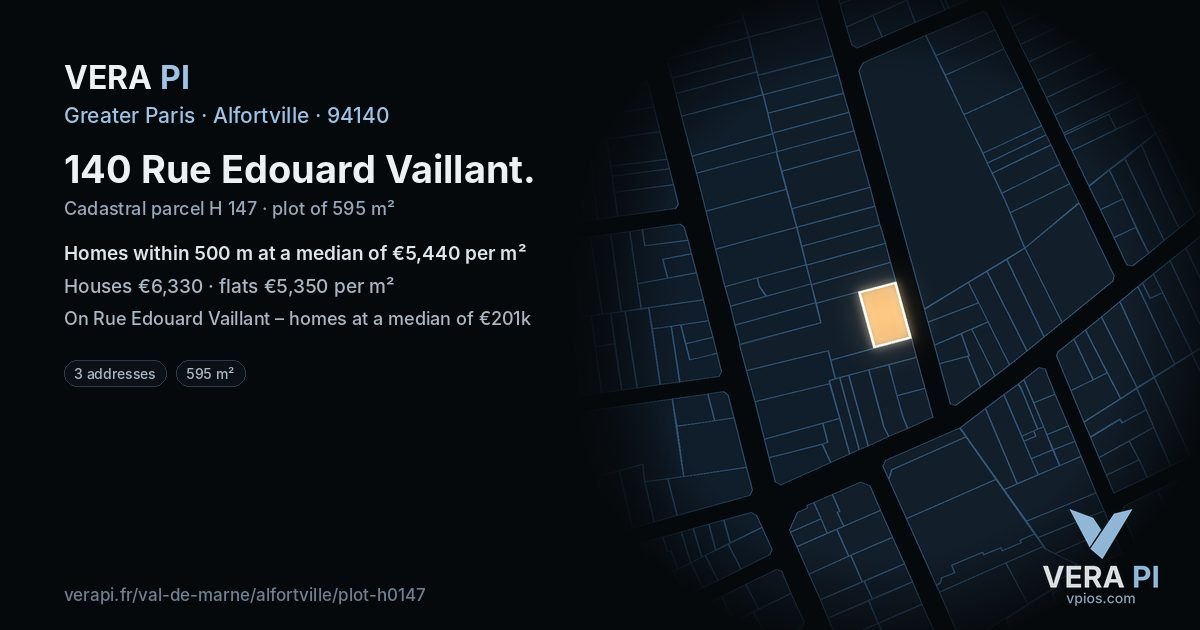 140 Rue Edouard Vaillant, Alfortville at night – the plot lit, the parcels around coloured by the prices near them