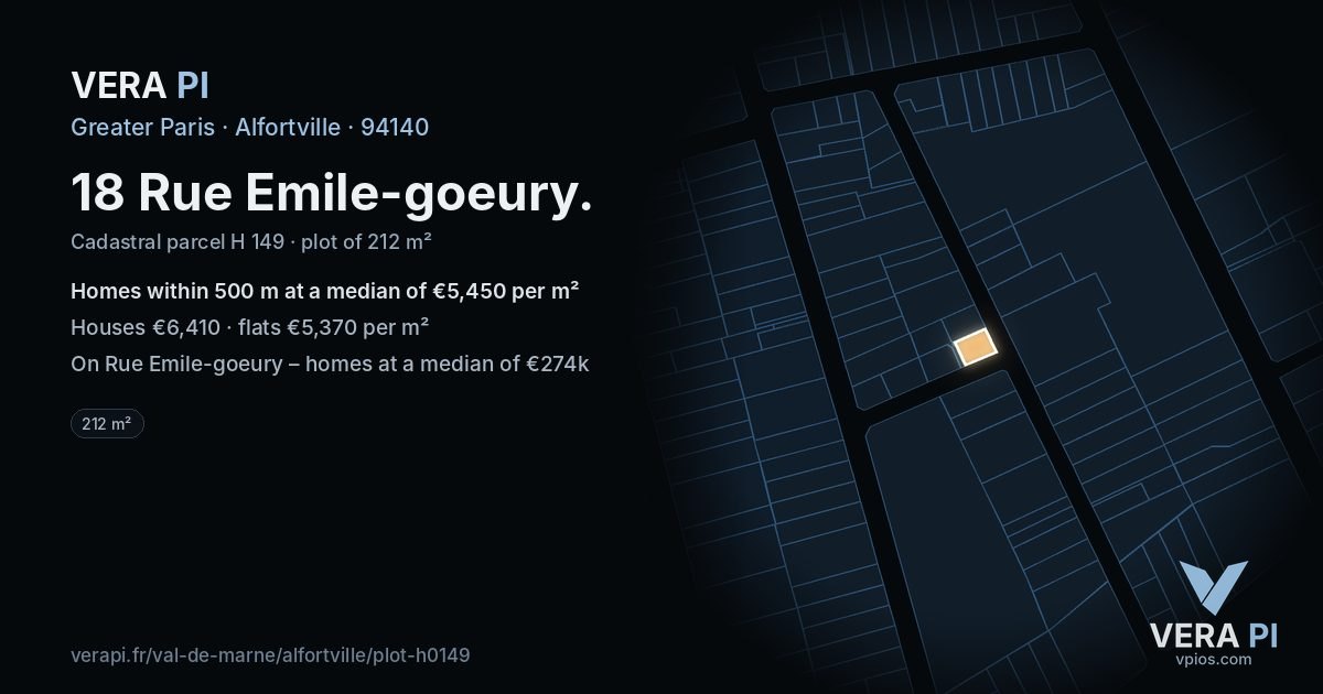 18 Rue Emile-goeury, Alfortville at night – the plot lit, the parcels around coloured by the prices near them