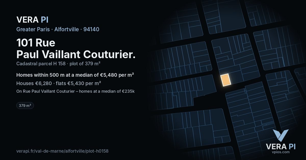 101 Rue Paul Vaillant Couturier, Alfortville at night – the plot lit, the parcels around coloured by the prices near them