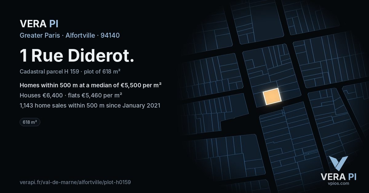 1 Rue Diderot, Alfortville at night – the plot lit, the parcels around coloured by the prices near them