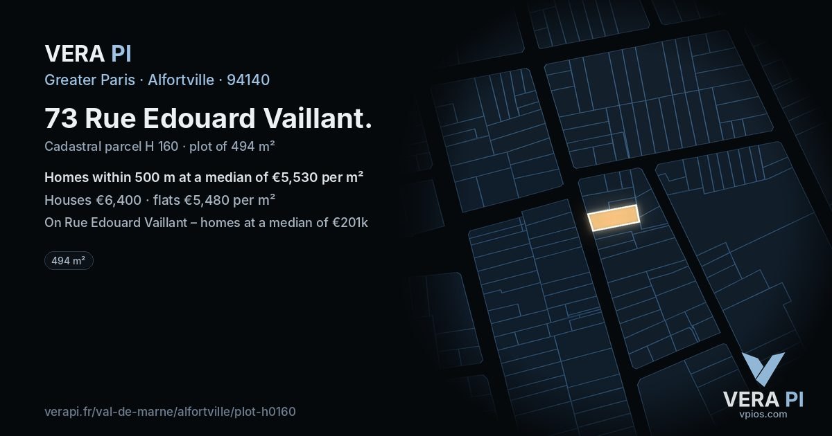 73 Rue Edouard Vaillant, Alfortville at night – the plot lit, the parcels around coloured by the prices near them