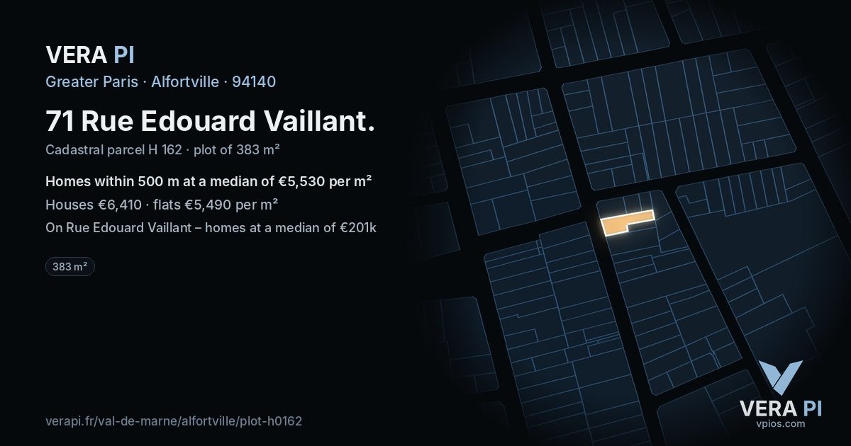 71 Rue Edouard Vaillant, Alfortville at night – the plot lit, the parcels around coloured by the prices near them
