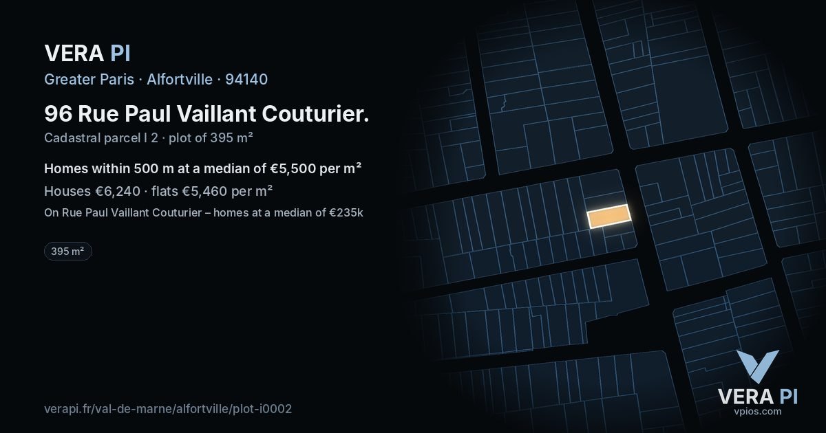 96 Rue Paul Vaillant Couturier, Alfortville at night – the plot lit, the parcels around coloured by the prices near them