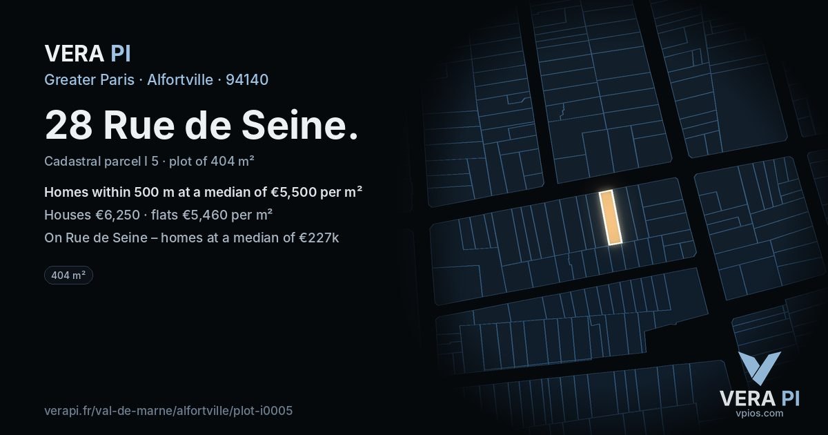 28 Rue de Seine, Alfortville at night – the plot lit, the parcels around coloured by the prices near them