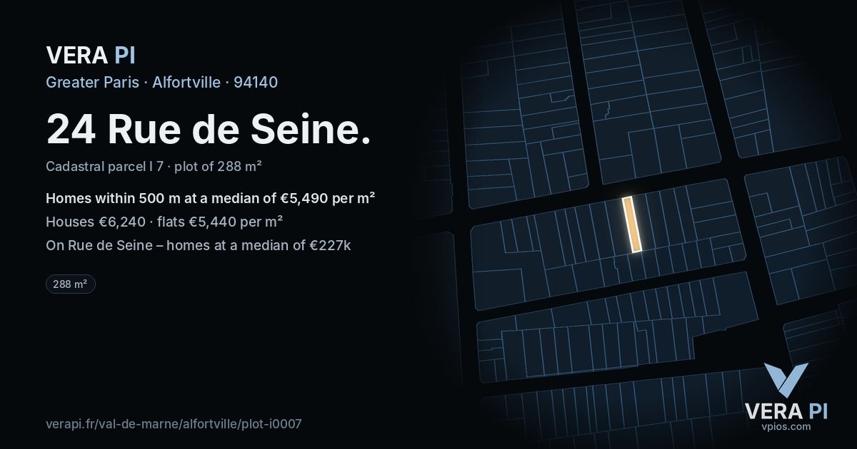 24 Rue de Seine, Alfortville at night – the plot lit, the parcels around coloured by the prices near them