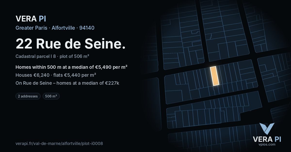 22 Rue de Seine, Alfortville at night – the plot lit, the parcels around coloured by the prices near them