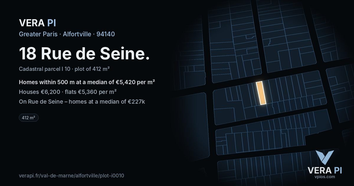 18 Rue de Seine, Alfortville at night – the plot lit, the parcels around coloured by the prices near them