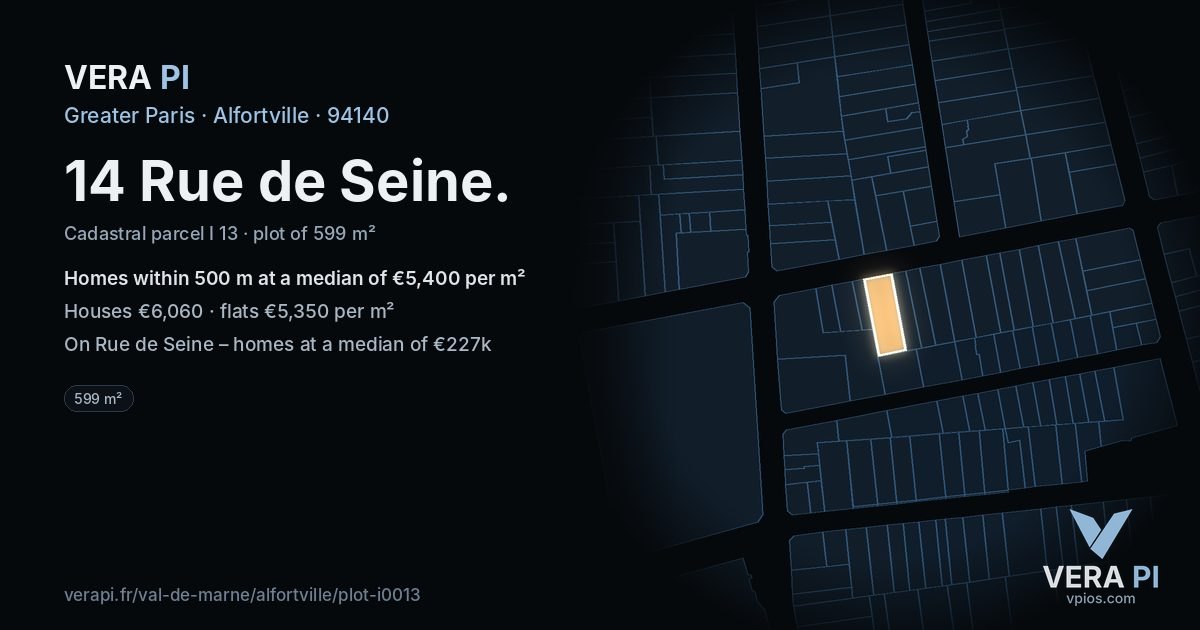 14 Rue de Seine, Alfortville at night – the plot lit, the parcels around coloured by the prices near them
