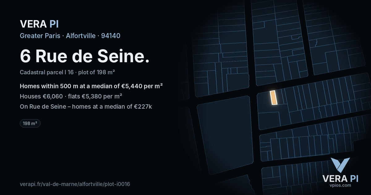 6 Rue de Seine, Alfortville at night – the plot lit, the parcels around coloured by the prices near them