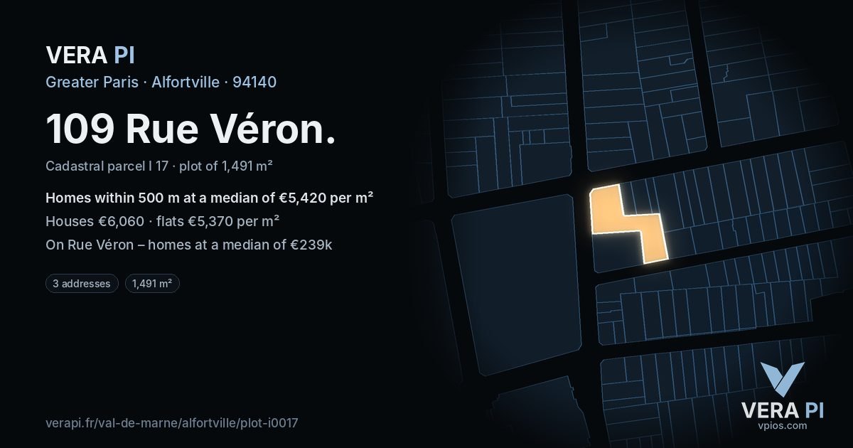 109 Rue Véron, Alfortville at night – the plot lit, the parcels around coloured by the prices near them