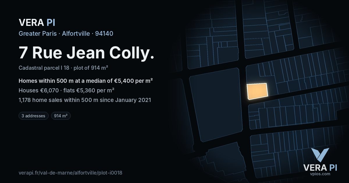 7 Rue Jean Colly, Alfortville at night – the plot lit, the parcels around coloured by the prices near them