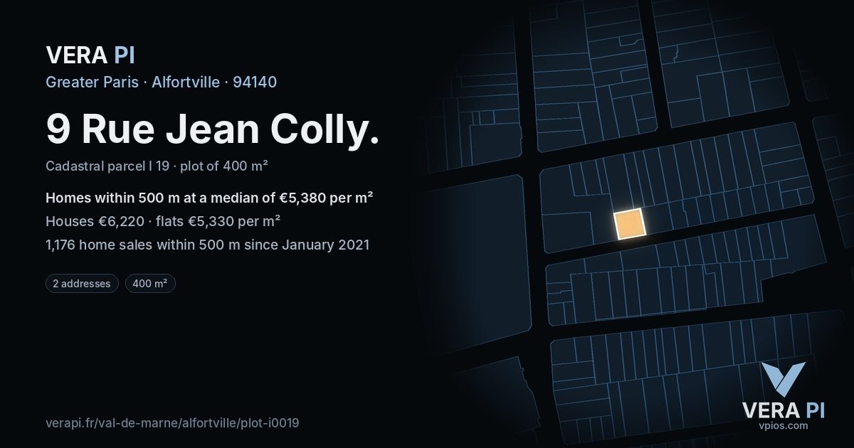 9 Rue Jean Colly, Alfortville at night – the plot lit, the parcels around coloured by the prices near them