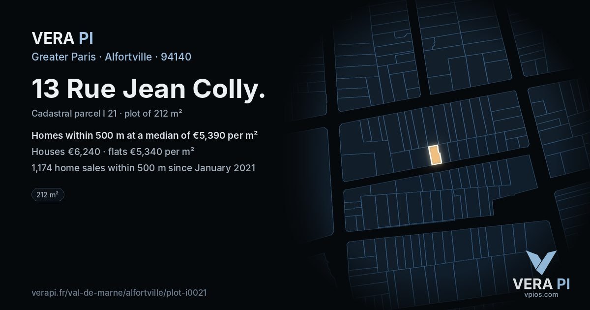13 Rue Jean Colly, Alfortville at night – the plot lit, the parcels around coloured by the prices near them