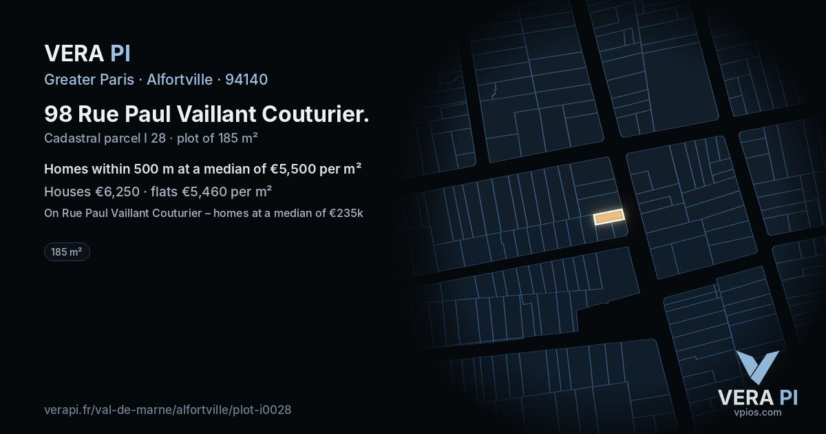 98 Rue Paul Vaillant Couturier, Alfortville at night – the plot lit, the parcels around coloured by the prices near them