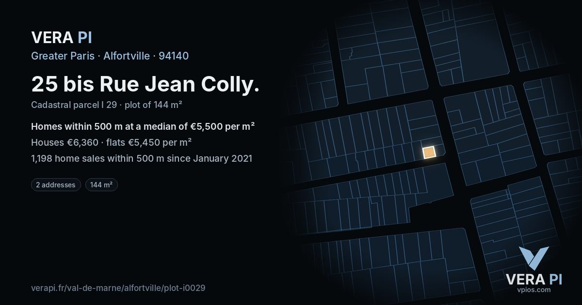 25 bis Rue Jean Colly, Alfortville at night – the plot lit, the parcels around coloured by the prices near them
