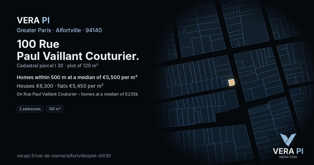 100 Rue Paul Vaillant Couturier, Alfortville at night – the plot lit, the parcels around coloured by the prices near them