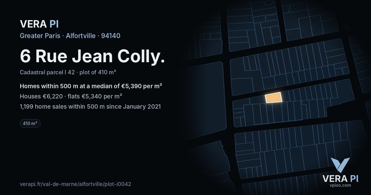6 Rue Jean Colly, Alfortville at night – the plot lit, the parcels around coloured by the prices near them