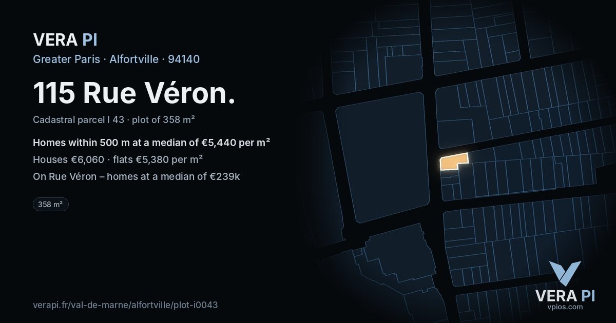 115 Rue Véron, Alfortville at night – the plot lit, the parcels around coloured by the prices near them