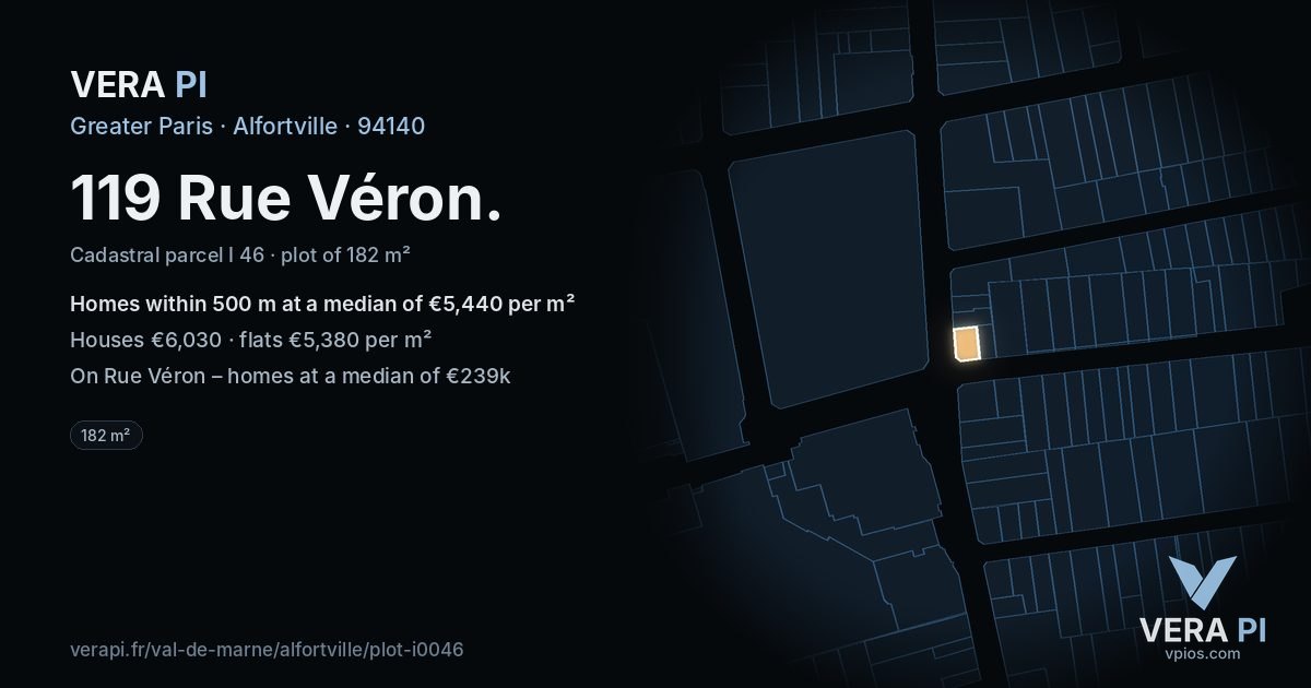 119 Rue Véron, Alfortville at night – the plot lit, the parcels around coloured by the prices near them