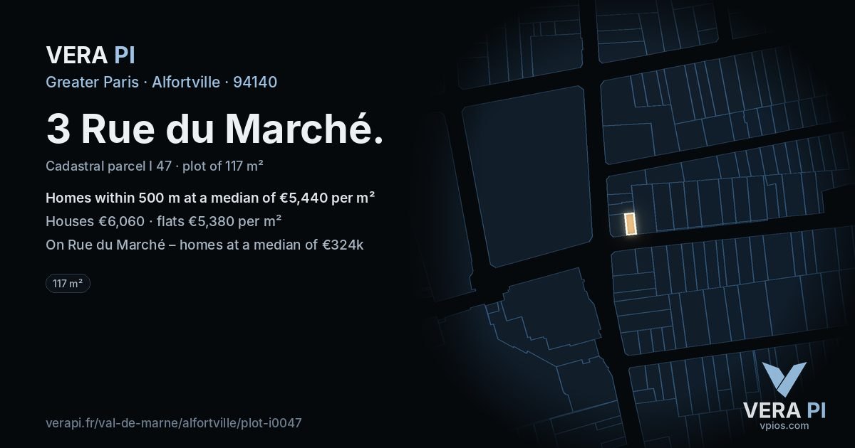 3 Rue du Marché, Alfortville at night – the plot lit, the parcels around coloured by the prices near them