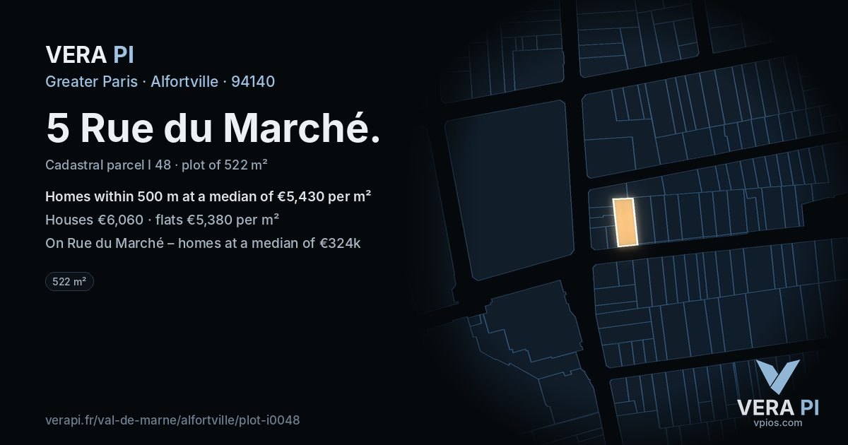 5 Rue du Marché, Alfortville at night – the plot lit, the parcels around coloured by the prices near them