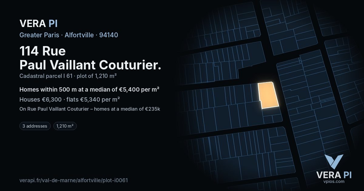 114 Rue Paul Vaillant Couturier, Alfortville at night – the plot lit, the parcels around coloured by the prices near them