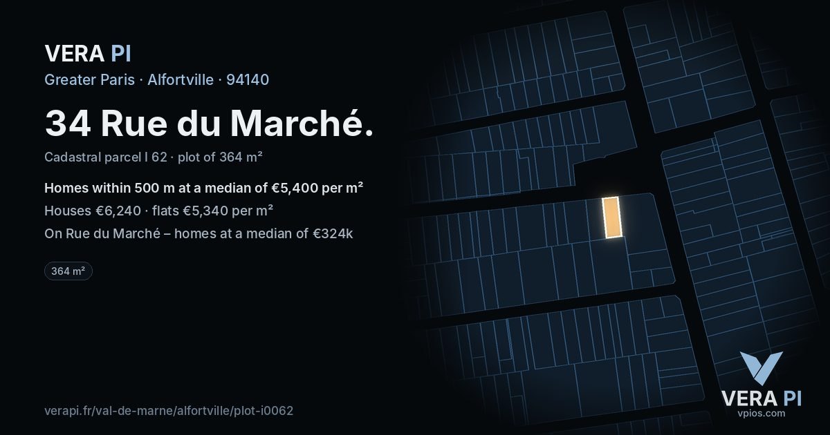 34 Rue du Marché, Alfortville at night – the plot lit, the parcels around coloured by the prices near them