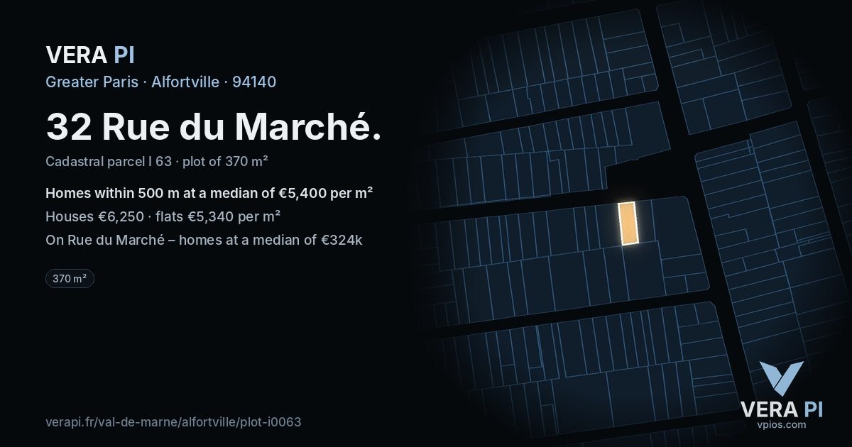 32 Rue du Marché, Alfortville at night – the plot lit, the parcels around coloured by the prices near them