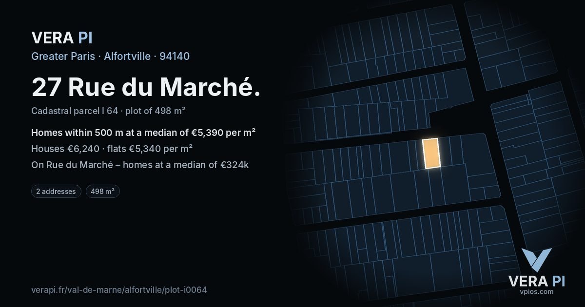 27 Rue du Marché, Alfortville at night – the plot lit, the parcels around coloured by the prices near them