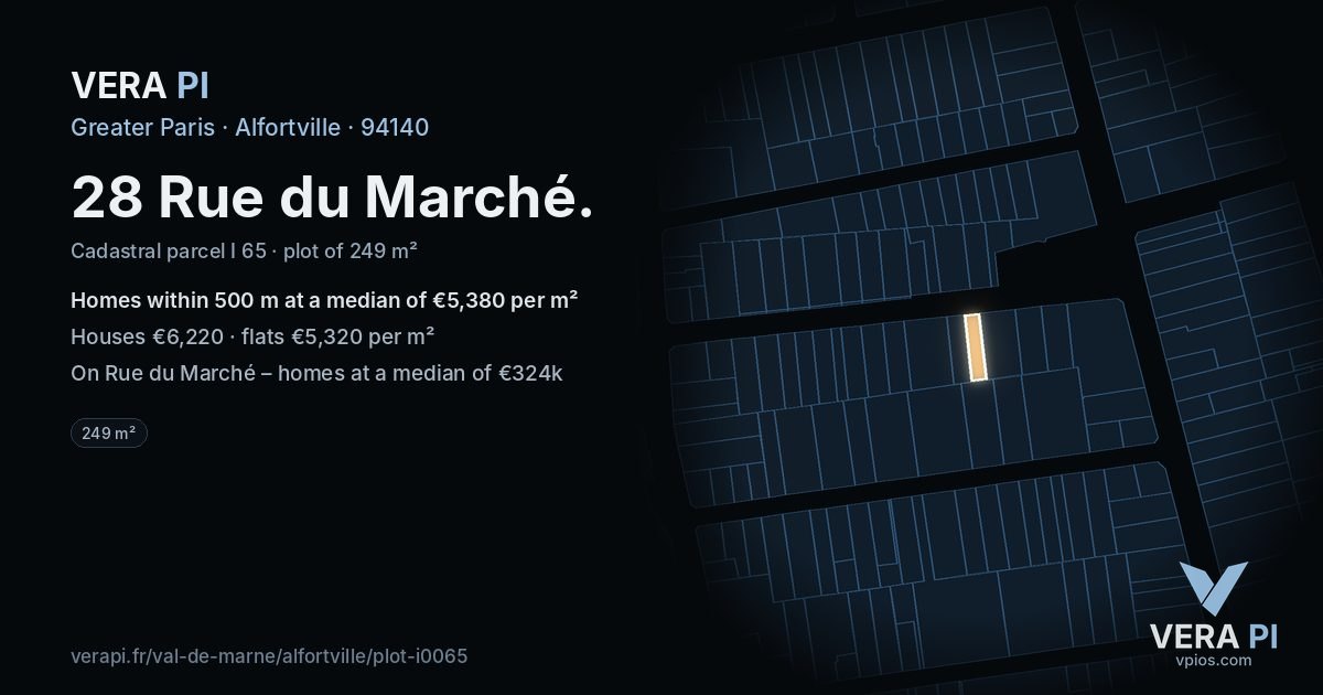 28 Rue du Marché, Alfortville at night – the plot lit, the parcels around coloured by the prices near them