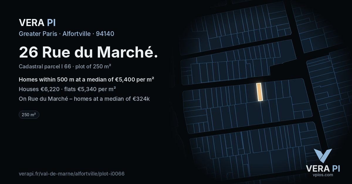 26 Rue du Marché, Alfortville at night – the plot lit, the parcels around coloured by the prices near them