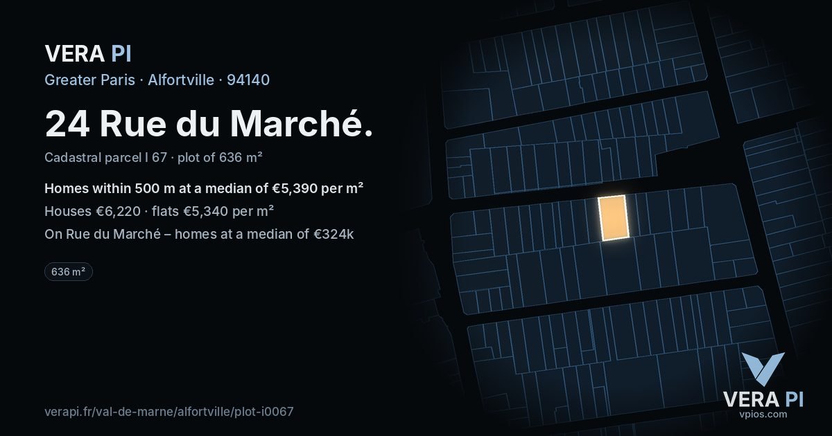 24 Rue du Marché, Alfortville at night – the plot lit, the parcels around coloured by the prices near them
