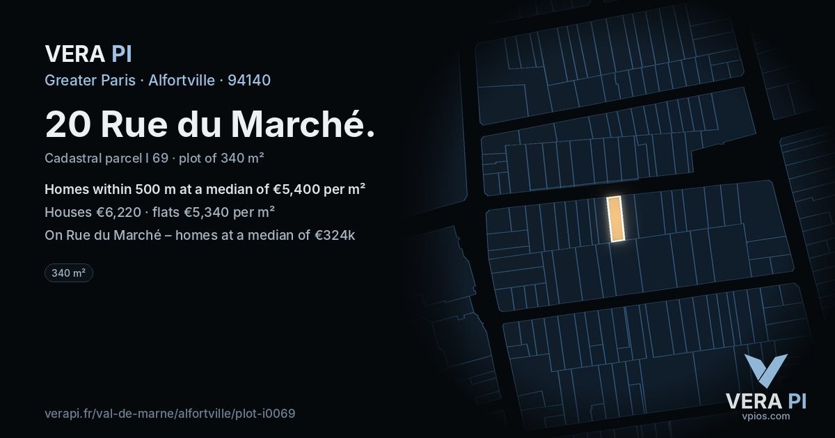 20 Rue du Marché, Alfortville at night – the plot lit, the parcels around coloured by the prices near them