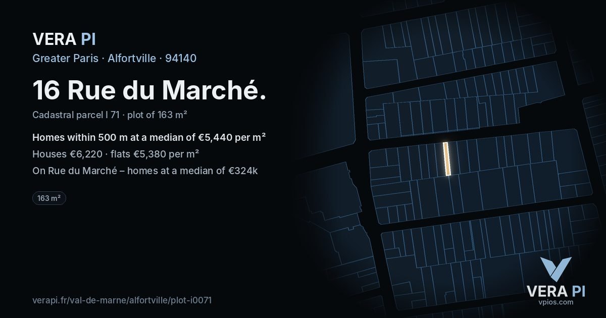 16 Rue du Marché, Alfortville at night – the plot lit, the parcels around coloured by the prices near them
