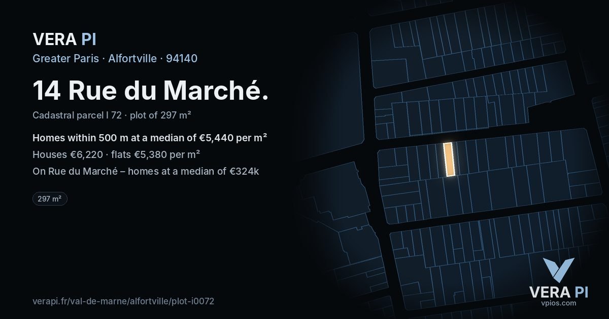 14 Rue du Marché, Alfortville at night – the plot lit, the parcels around coloured by the prices near them