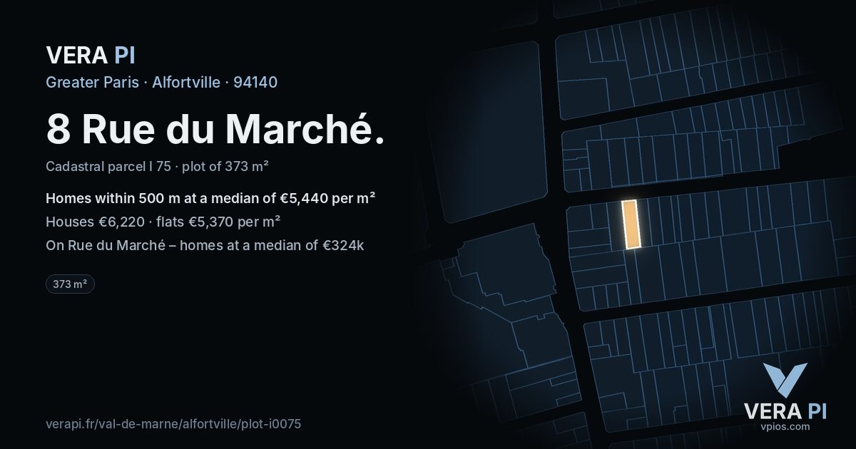 8 Rue du Marché, Alfortville at night – the plot lit, the parcels around coloured by the prices near them
