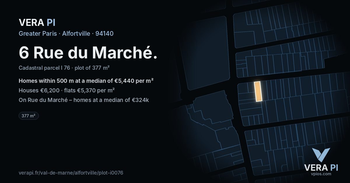 6 Rue du Marché, Alfortville at night – the plot lit, the parcels around coloured by the prices near them
