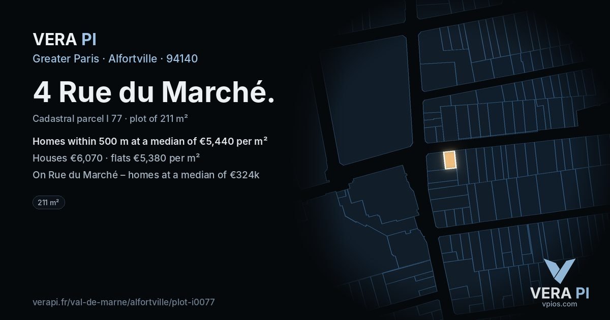 4 Rue du Marché, Alfortville at night – the plot lit, the parcels around coloured by the prices near them