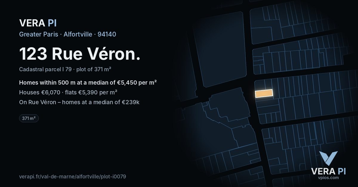 123 Rue Véron, Alfortville at night – the plot lit, the parcels around coloured by the prices near them