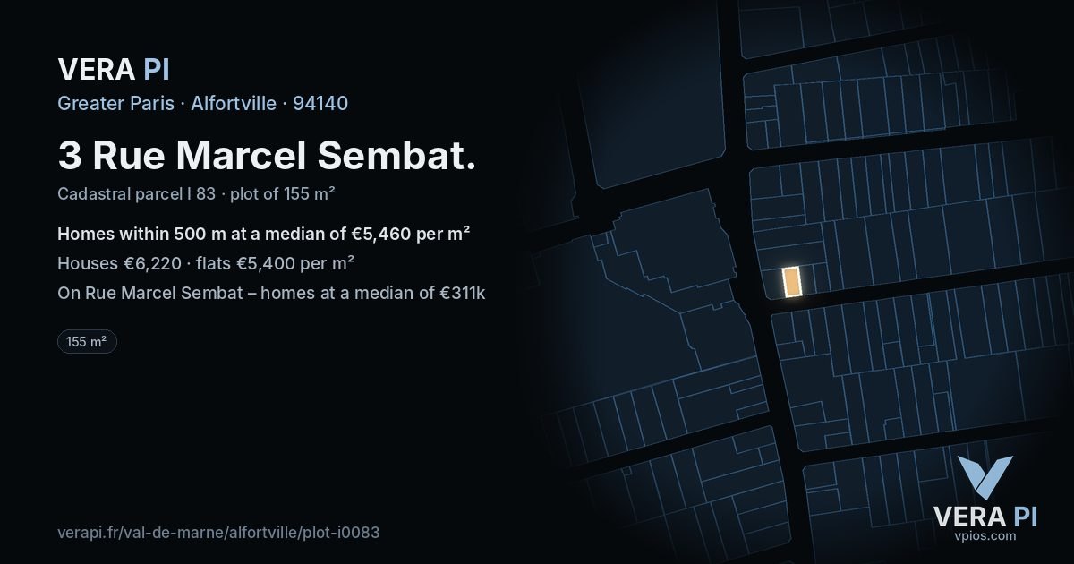 3 Rue Marcel Sembat, Alfortville at night – the plot lit, the parcels around coloured by the prices near them