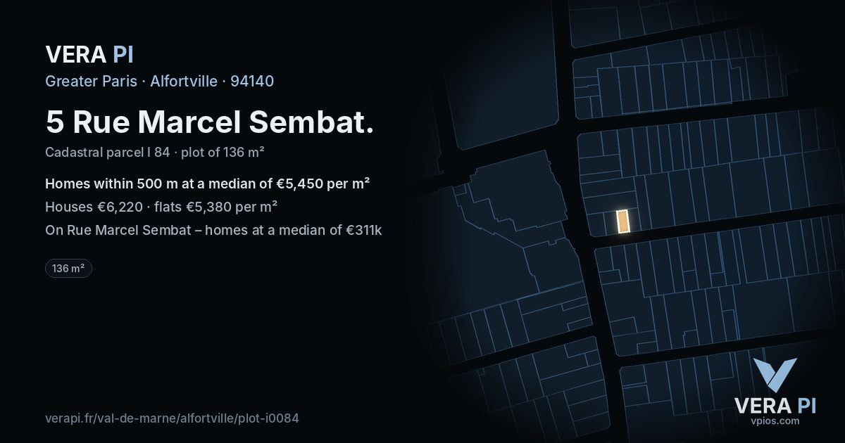 5 Rue Marcel Sembat, Alfortville at night – the plot lit, the parcels around coloured by the prices near them