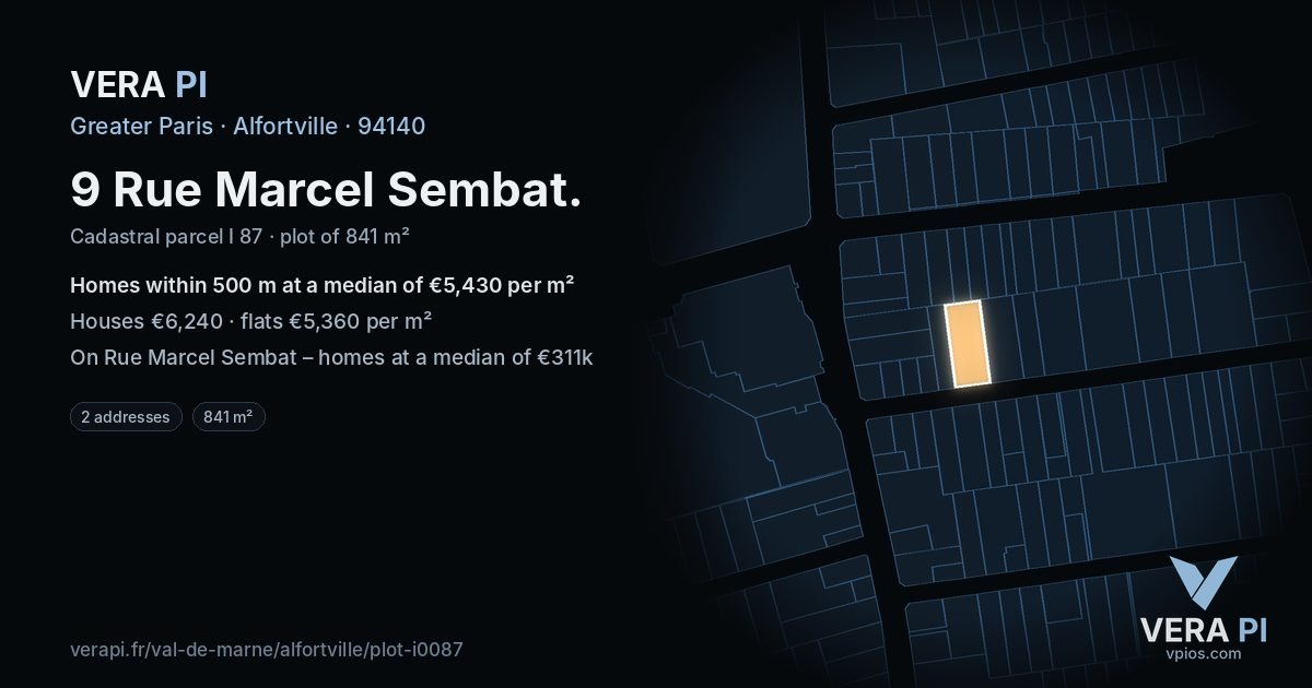 9 Rue Marcel Sembat, Alfortville at night – the plot lit, the parcels around coloured by the prices near them