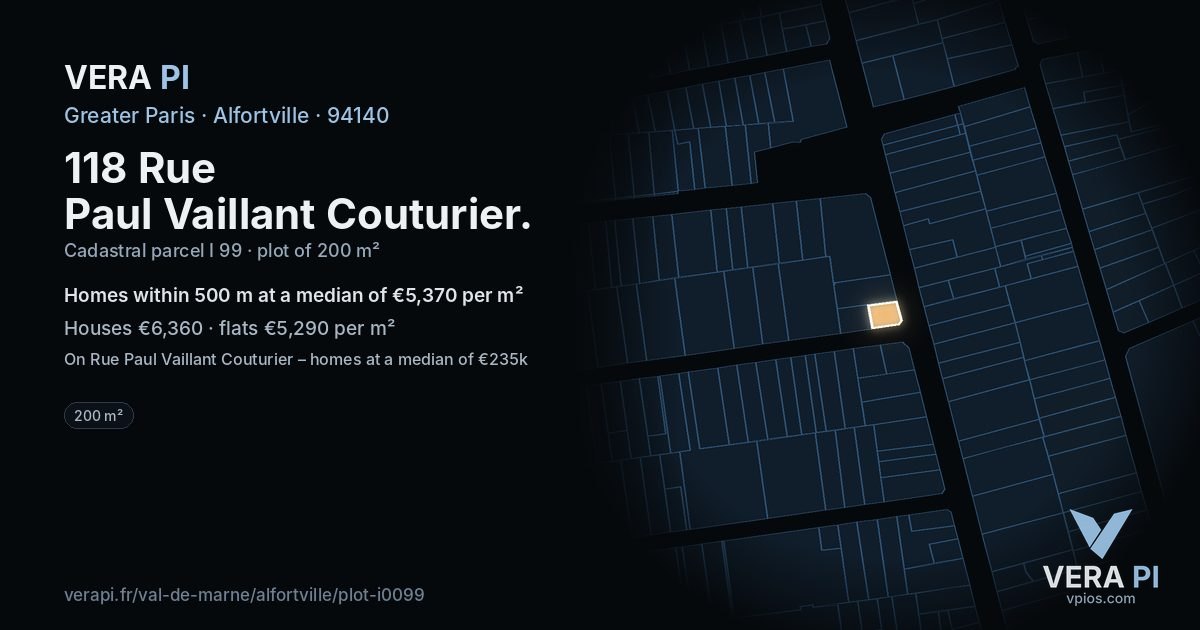 118 Rue Paul Vaillant Couturier, Alfortville at night – the plot lit, the parcels around coloured by the prices near them