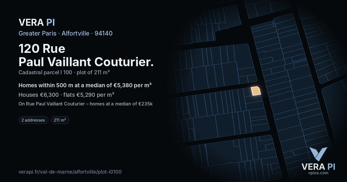 120 Rue Paul Vaillant Couturier, Alfortville at night – the plot lit, the parcels around coloured by the prices near them