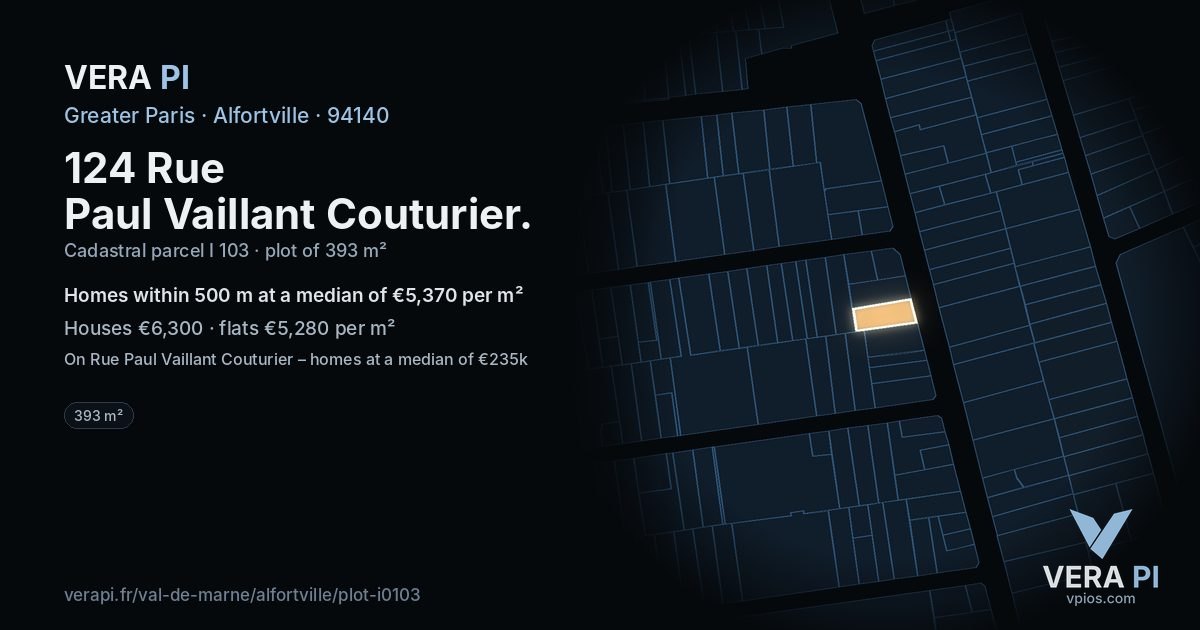 124 Rue Paul Vaillant Couturier, Alfortville at night – the plot lit, the parcels around coloured by the prices near them