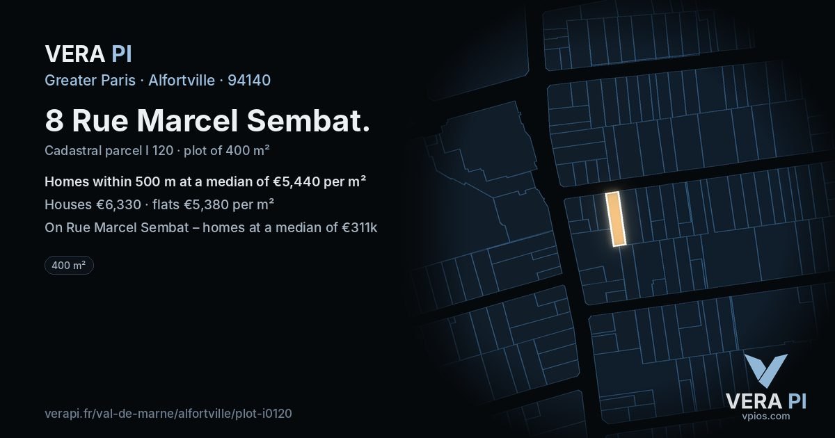 8 Rue Marcel Sembat, Alfortville at night – the plot lit, the parcels around coloured by the prices near them